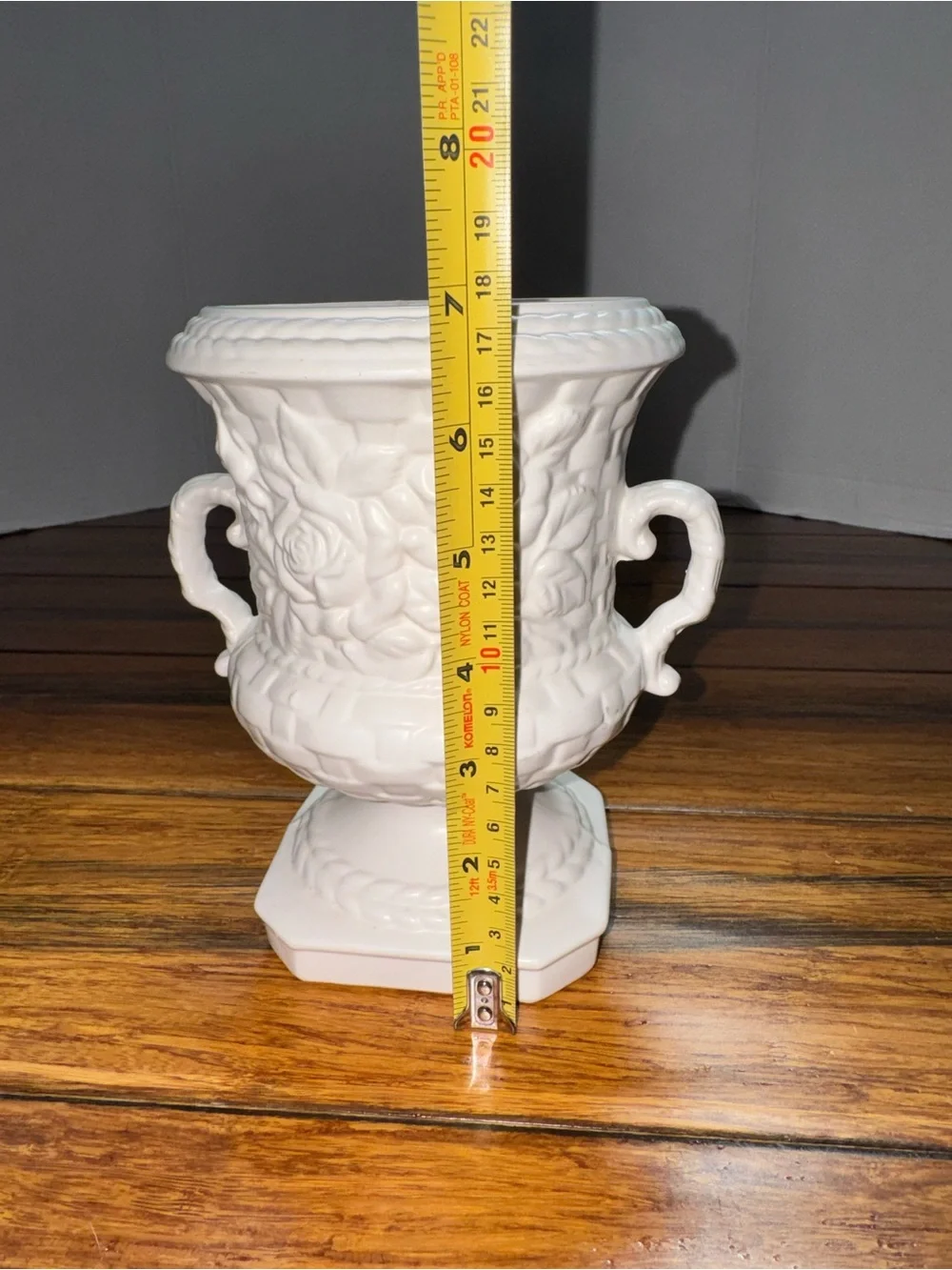 Vintage White Urn Vase with Floral Details
